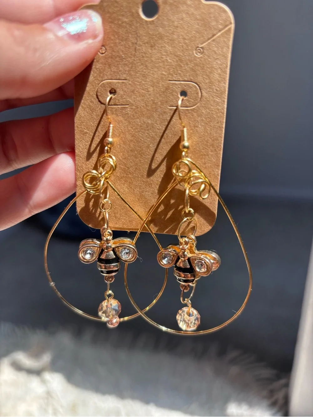 Gold Bee Drop Earrings with Crystal Accents